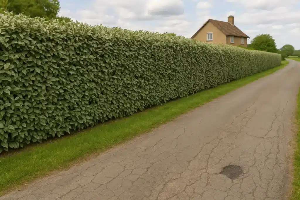 Haie d’Eleagnus bien taillée le long d’une route de campagne à Chatuzange le Goubet, avec feuillage vert argenté.