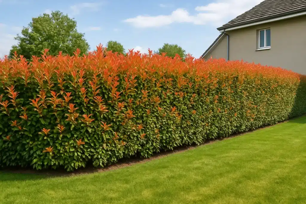 Haie de Photinia bien taillée dans un jardin à Clérieux ou à Romans ou à Pont de l' Isère, avec jeunes pousses rouges et feuillage vert.