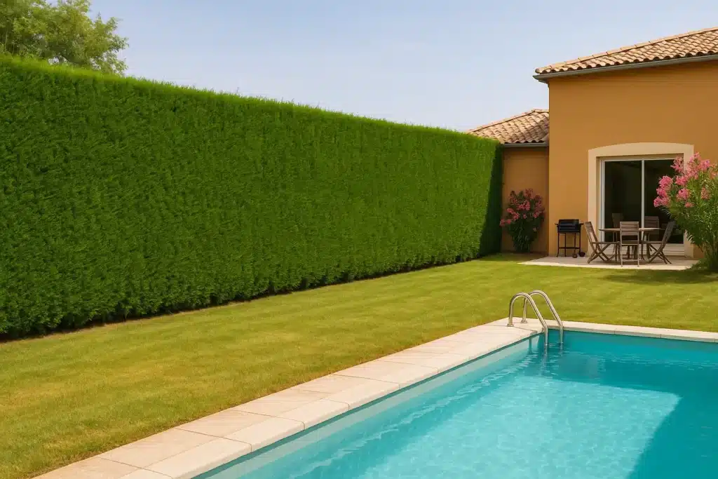 Haie de Thuyas bien taillée dans un jardin à Clérieux, Romans-sur-Isère ou Valence, dense et régulière, au feuillage vert foncé persistant.